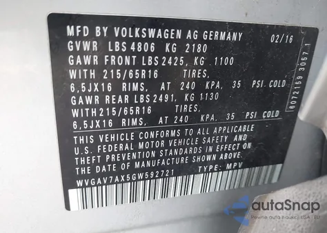 2016 Volkswagen Tiguan S из США, поврежденный, VIN WVGAV7AX5GW592721